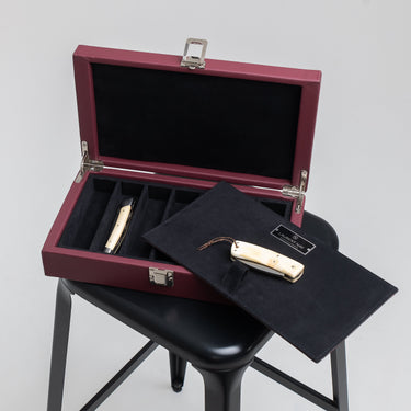 Handcrafted leather knife case with black microfiber interior and individual compartments by Laurent Nay Maroquinerie