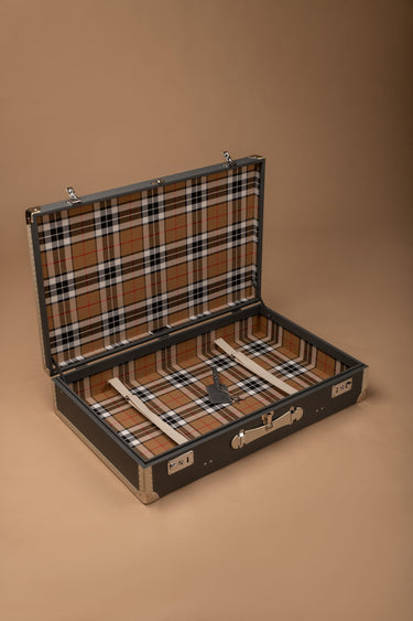 Bespoke rigid suitcase designed for Morgan rear luggage rack with tartan interior lining