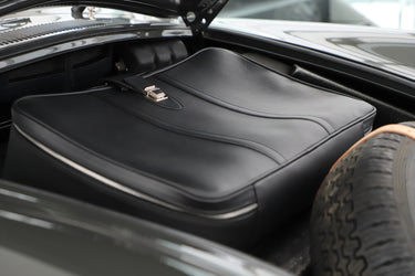 Bespoke black leather front trunk suitcase for Porsche 356 B and 356 C, handcrafted in France to perfectly fit the front boot.
