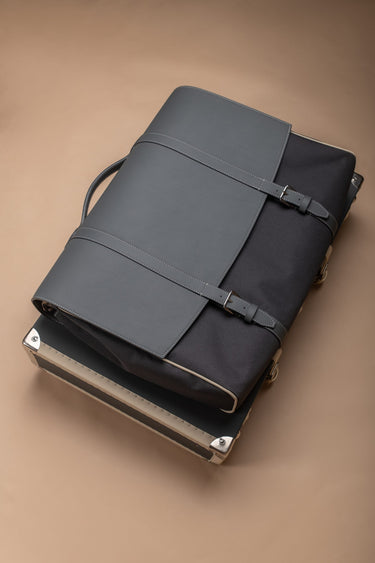 Luxury leather Voyager bag mounted on Morgan rear luggage rack suitcase