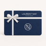 Laurent Nay Maroquinerie gift card in navy blue leather, adorned with a white ribbon and the Maison’s monogram.