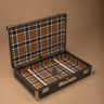 Bespoke rigid suitcase designed for Morgan rear luggage rack with tartan interior lining