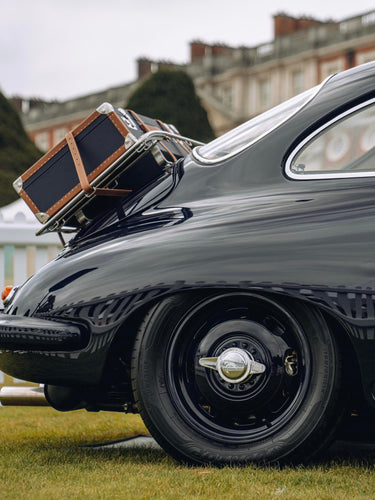 Bespoke leather luggage set on a Porsche 356 C luggage rack