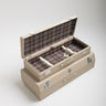 Open cream leather rear-seat case with tartan lining, displayed with its matching fitted luggage for a Mercedes-Benz 190 SL.